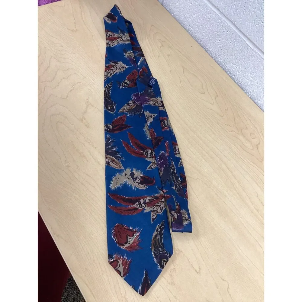 Vintage Eddie Bauer Outdoor Outfitter Blue 100% Silk Tie Feather Nature Fall